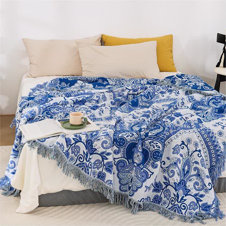 Couette légère en coton avec motif cachemire rétro et pompons