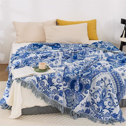 Couette légère en coton avec motif cachemire rétro et pompons