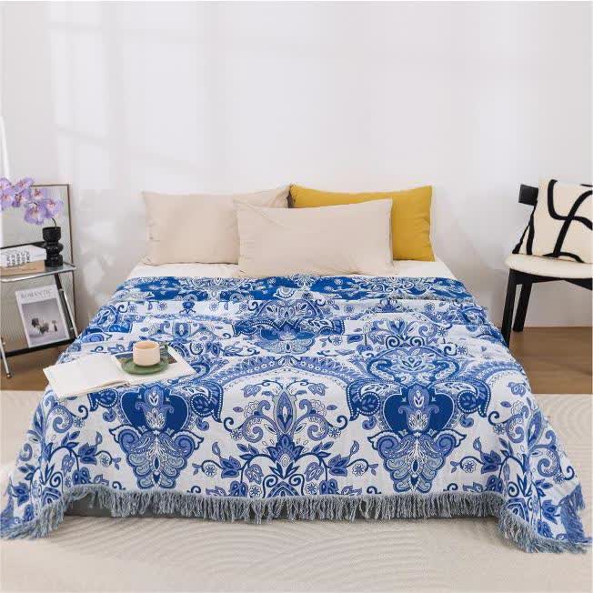 Couette légère en coton avec motif cachemire rétro et pompons