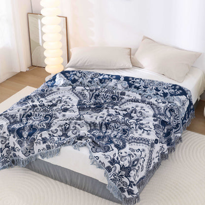Couette légère en coton avec motif cachemire rétro et pompons