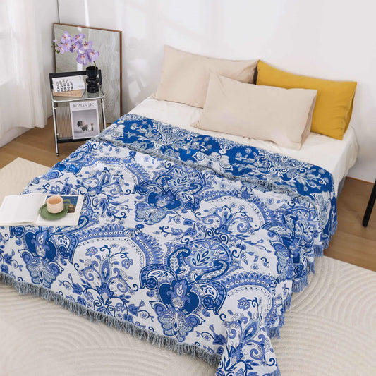 Couette légère en coton avec motif cachemire rétro et pompons