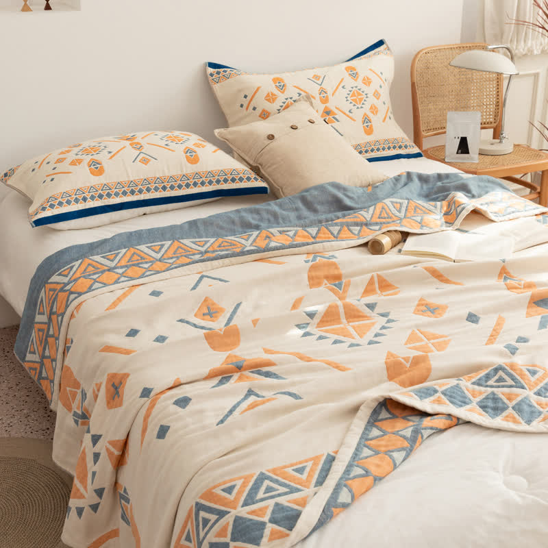 Couette réversible en gaze de coton de style bohème à motif géométrique