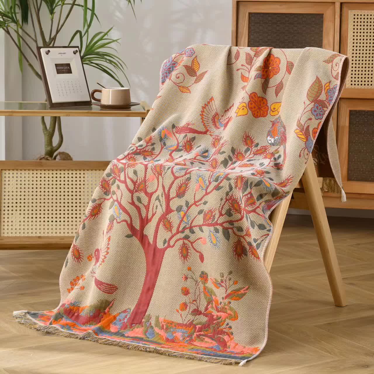 Arbre vivant – Serviette en gaze de coton à pompons