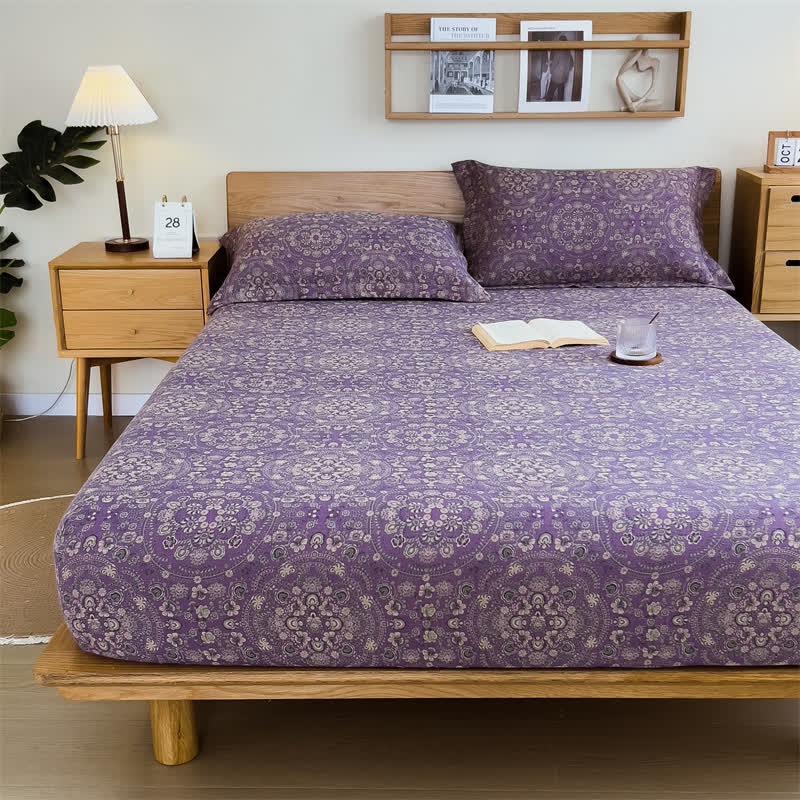 Drap-housse vintage en jacquard pur coton - Violet - Drap avec 2 taies d'oreiller - 200 cm x 220 cm - image 1