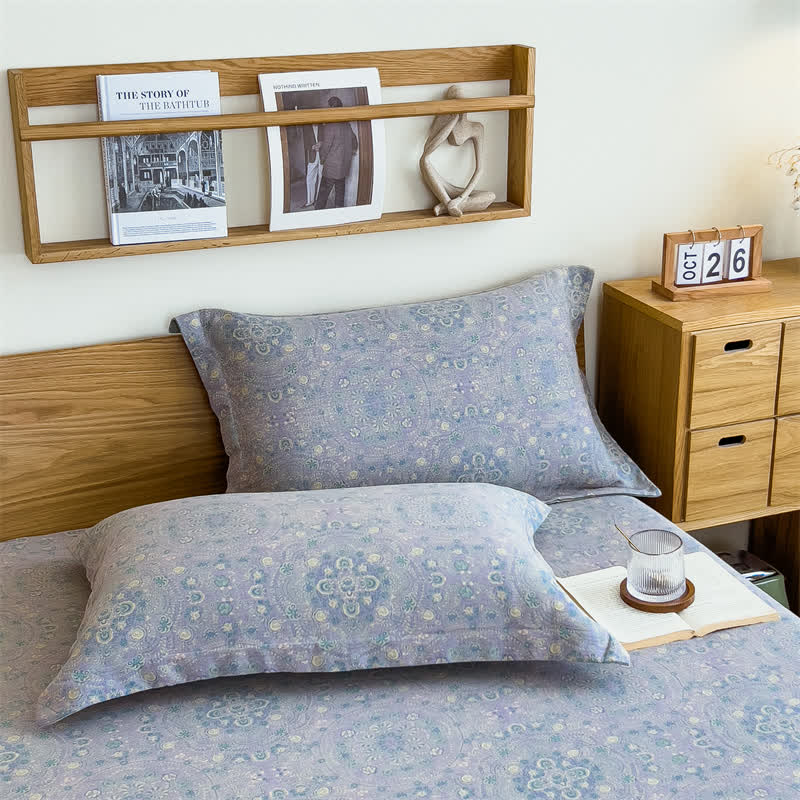 Drap-housse vintage en jacquard pur coton - Violet clair - 2 taies d'oreiller - 48 cm x 74 cm - image 15
