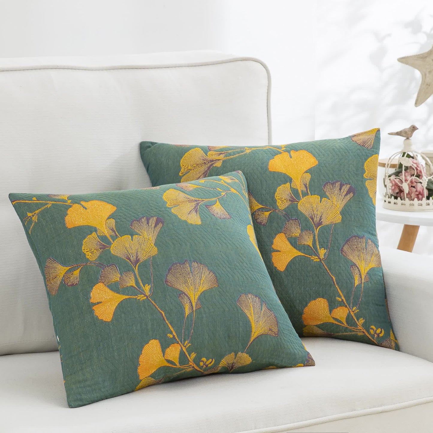 Taies d'oreiller en gaze de coton jacquard avec feuilles de ginkgo (2 pièces)