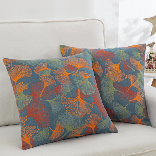 Taies d'oreiller en gaze de coton teint en fil avec feuilles de ginkgo (2 pièces)