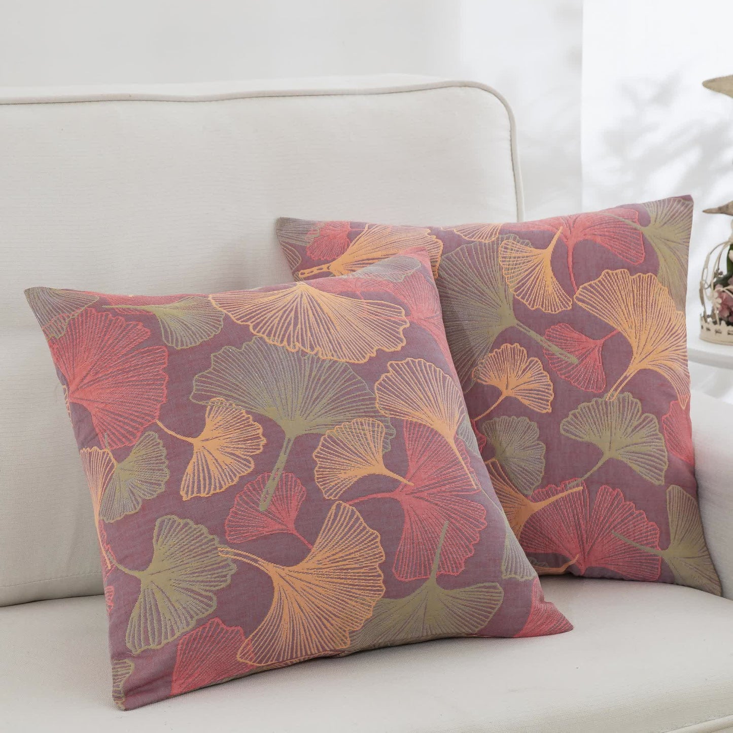Taies d'oreiller en gaze de coton teint en fil avec feuilles de ginkgo (2 pièces)