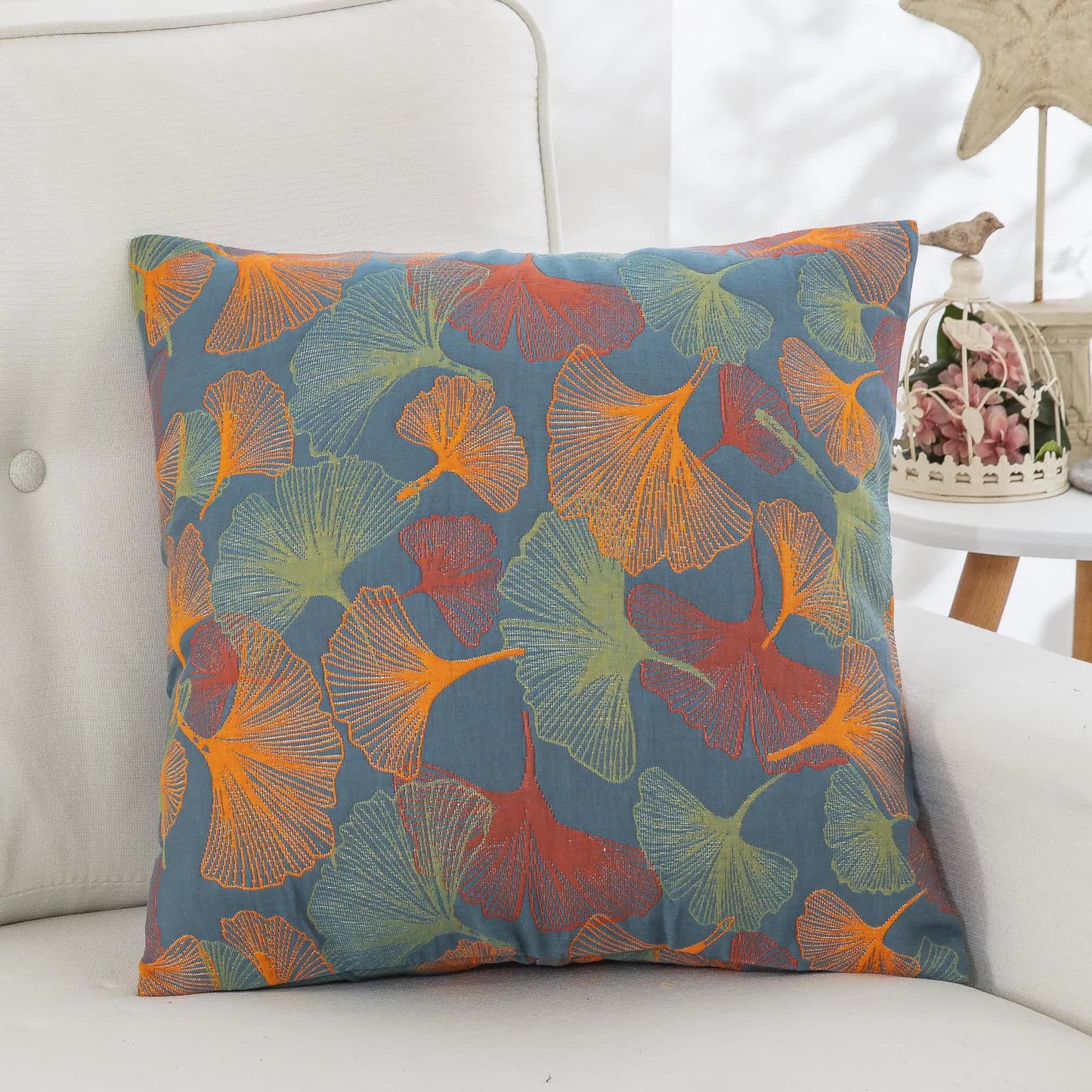 Taies d'oreiller en gaze de coton teint en fil avec feuilles de ginkgo (2 pièces)