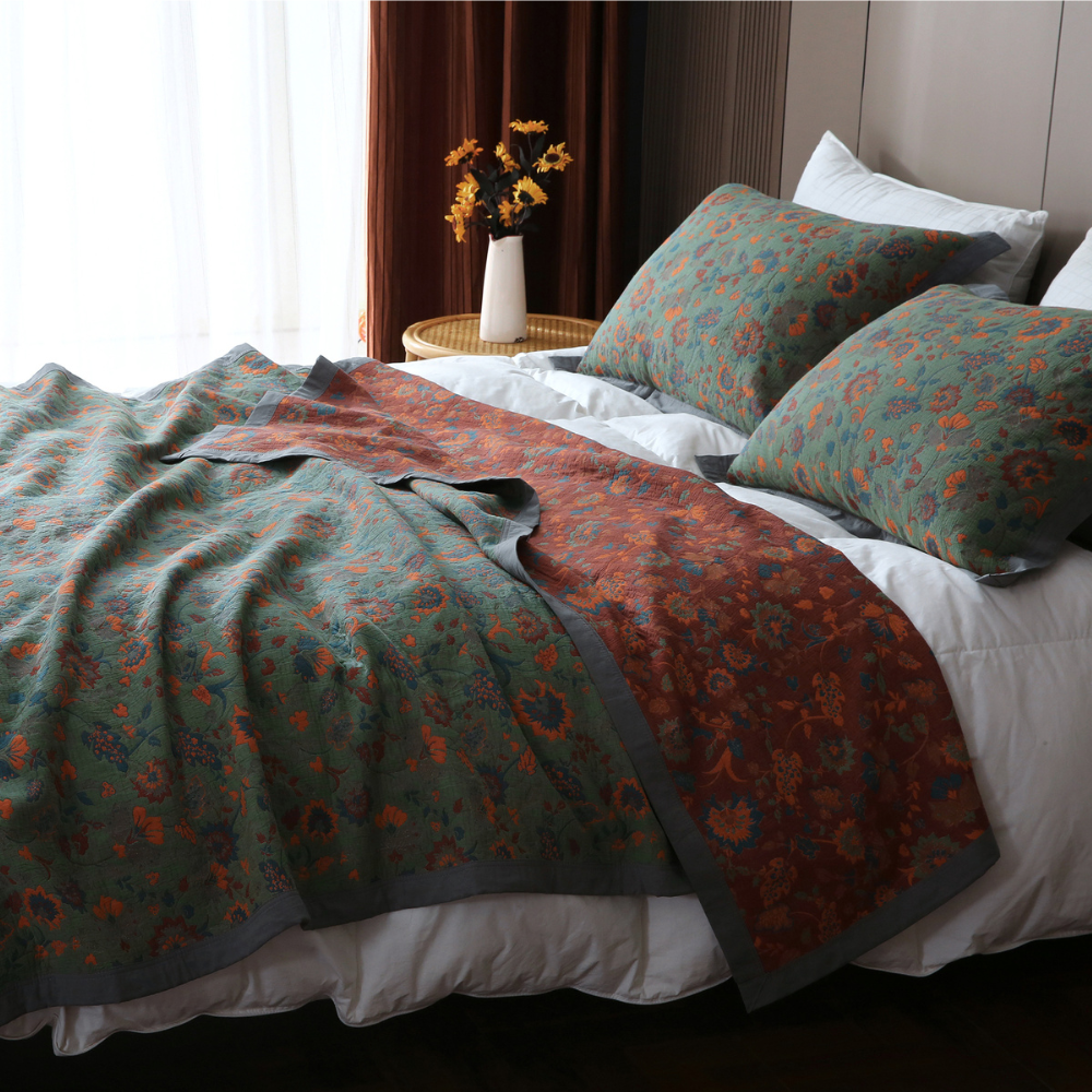 Couette réversible en pur coton avec motif floral rétro