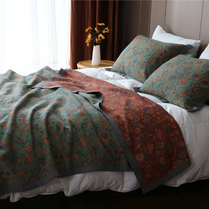 Couette réversible en pur coton avec motif floral rétro