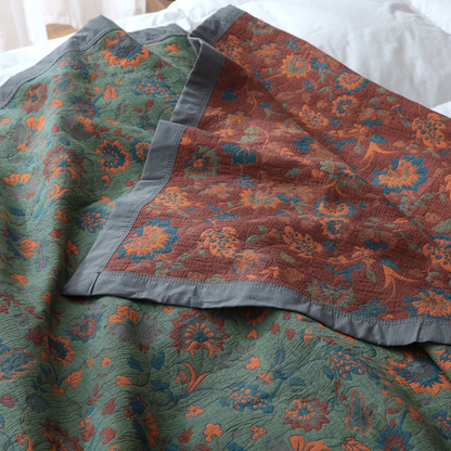 Couette réversible en pur coton avec motif floral rétro
