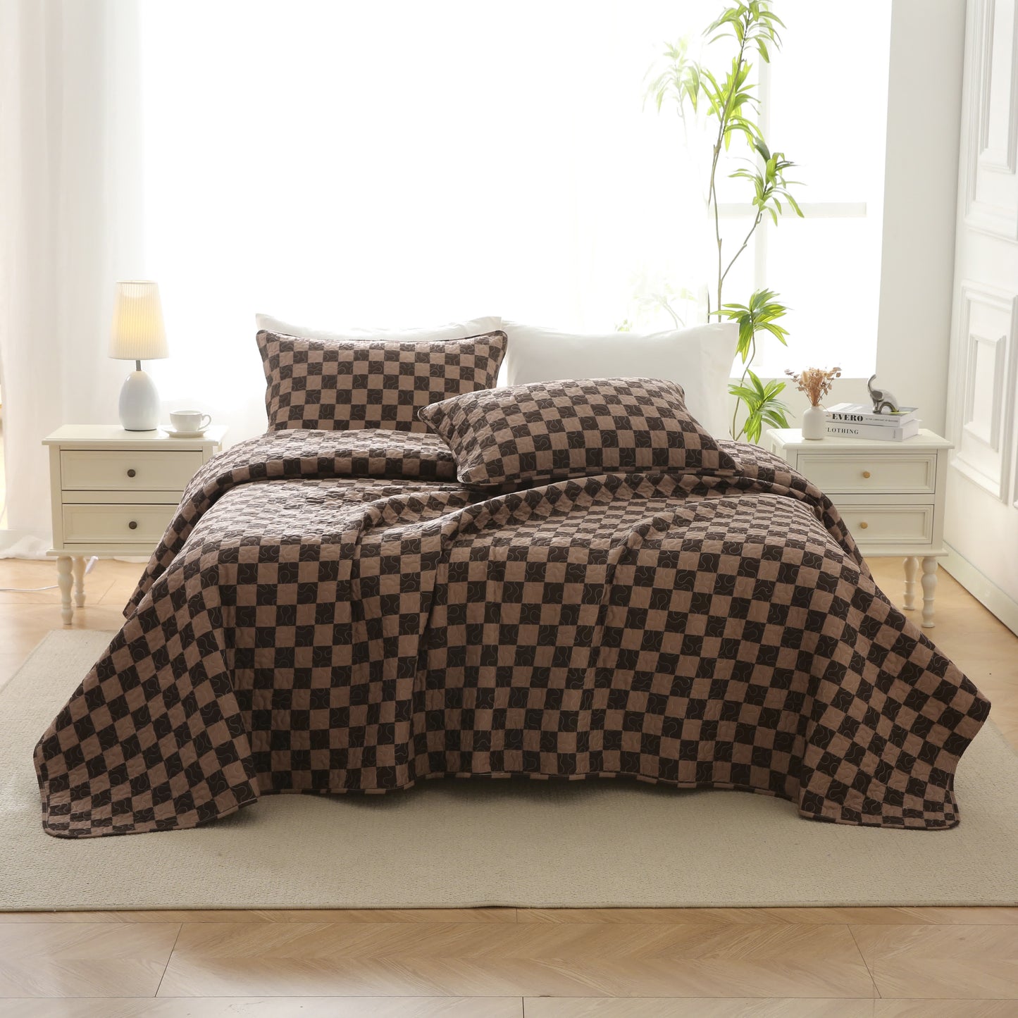 Linge de lit matelassé en pur coton à motif damier