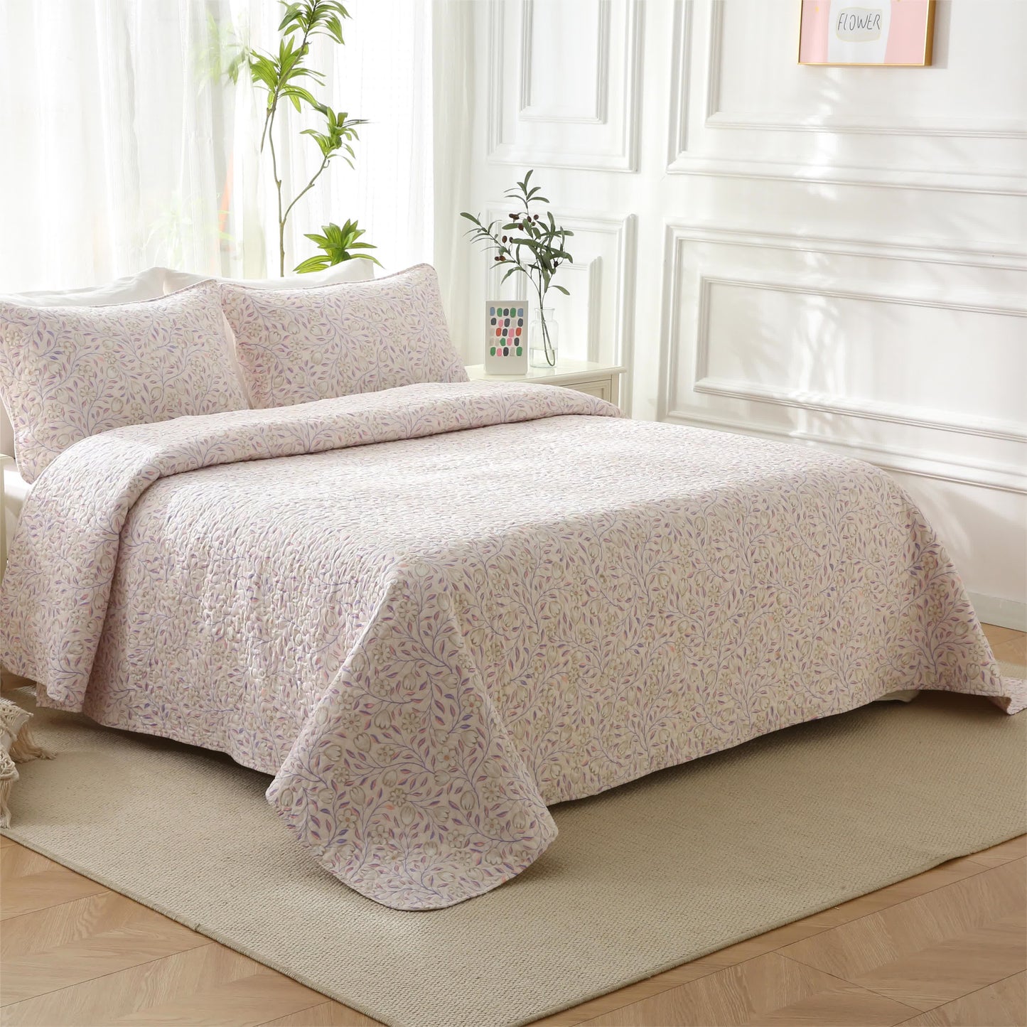 Linge de lit d'été matelassé en coton à motif floral