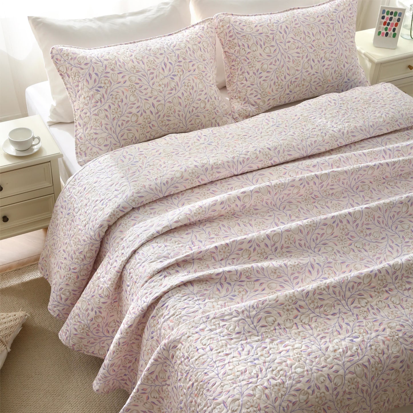 Linge de lit d'été matelassé en coton à motif floral