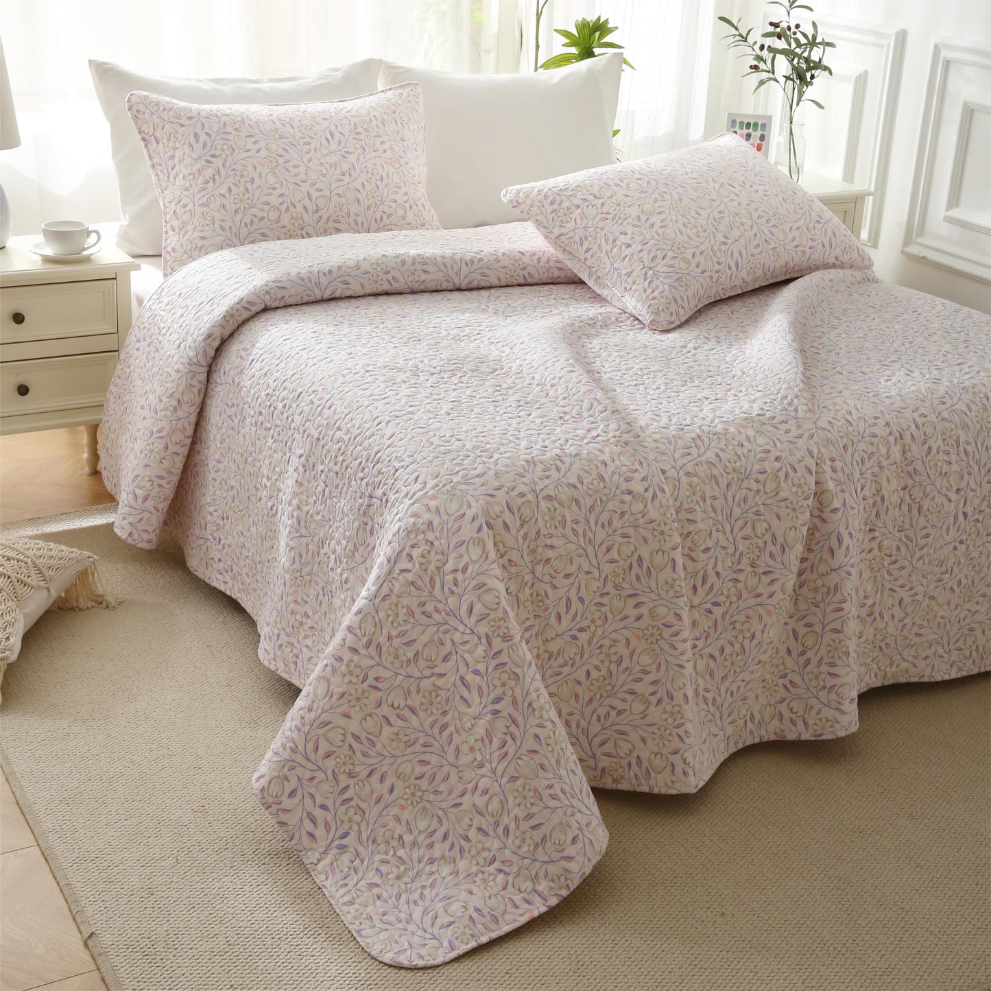 Linge de lit d'été matelassé en coton à motif floral