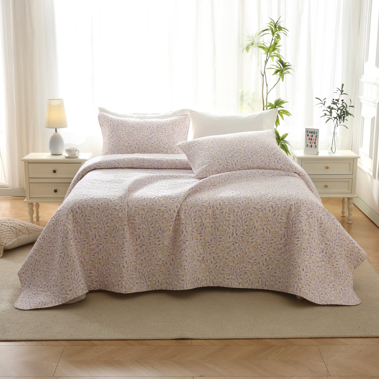 Linge de lit d'été matelassé en coton à motif floral
