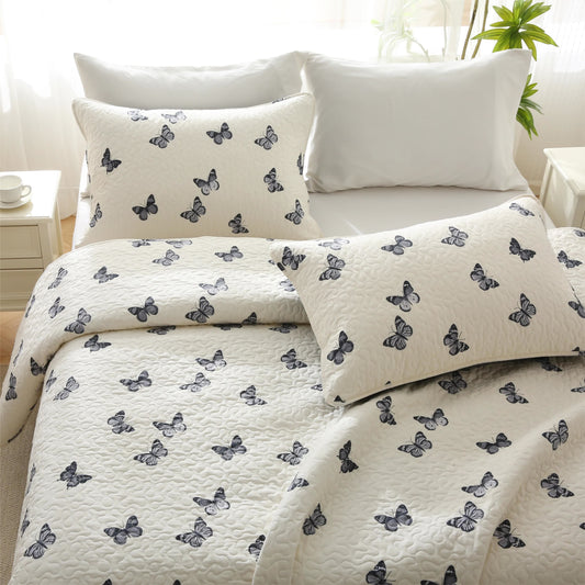 Linge de lit matelassé élégant en pur coton avec motif papillon