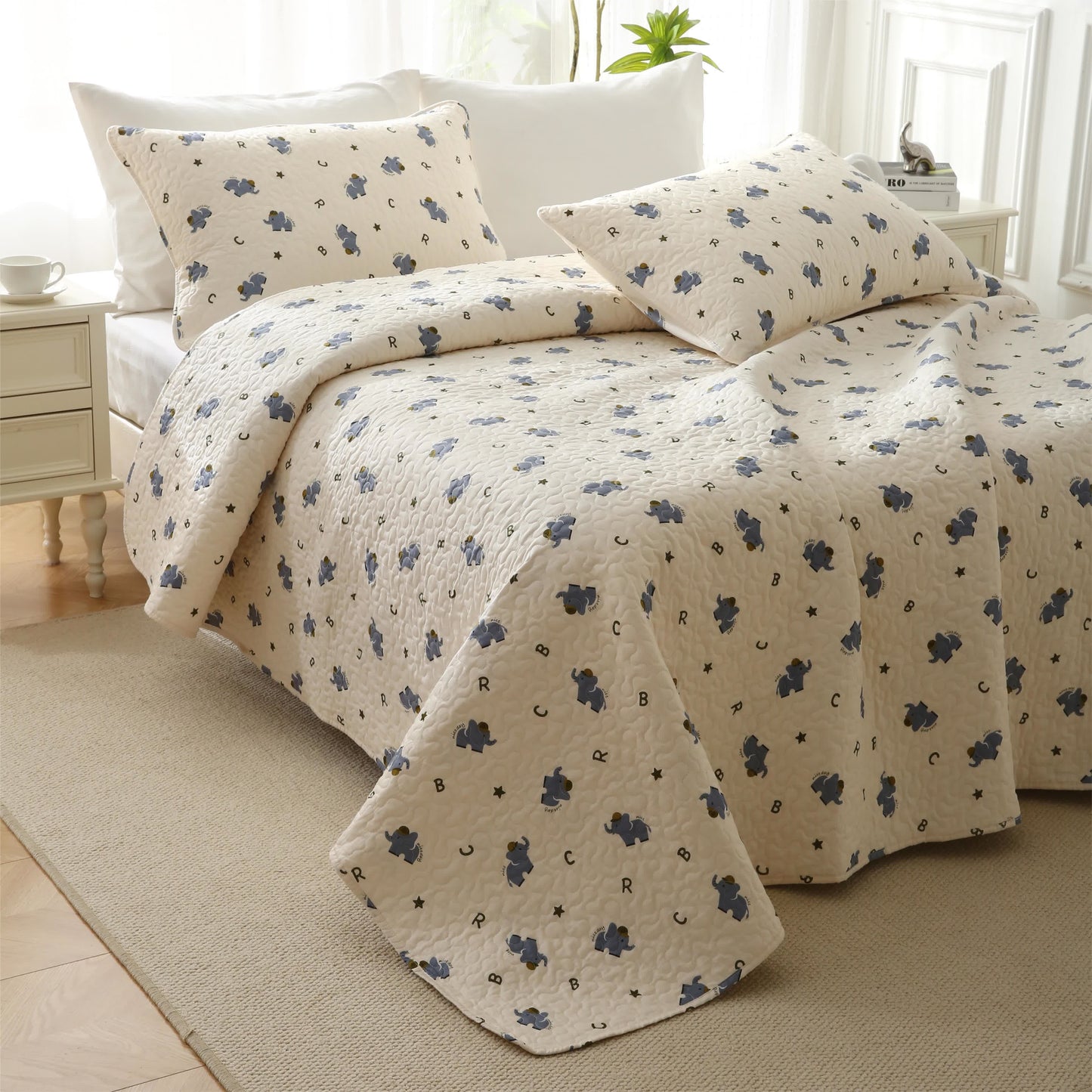 Joli linge de lit matelassé en pur coton avec motif éléphant