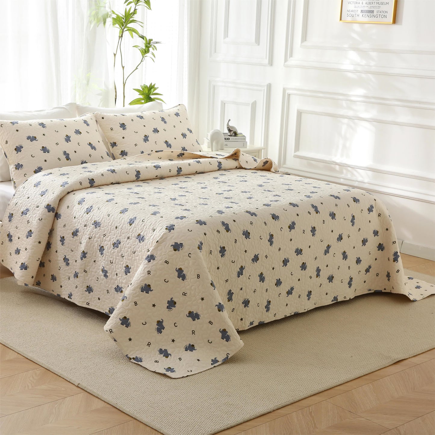 Joli linge de lit matelassé en pur coton avec motif éléphant