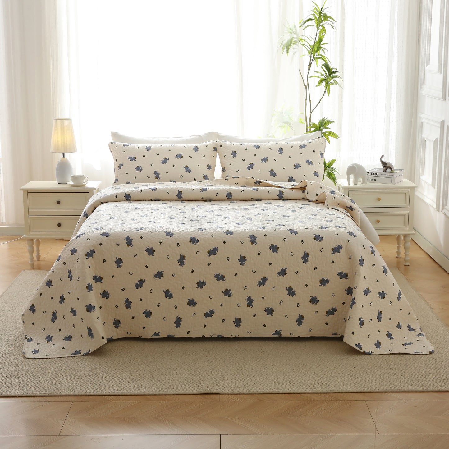 Joli linge de lit matelassé en pur coton avec motif éléphant