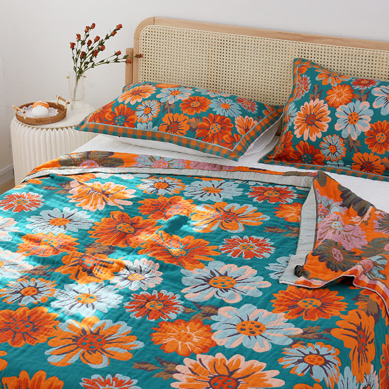 Couette rustique et respirante en gaze de coton avec motif tournesol