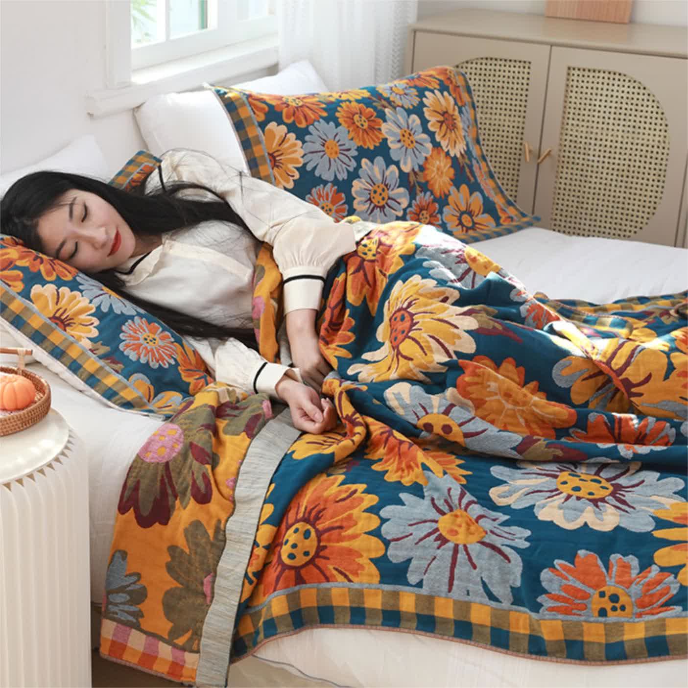 Couette rustique et respirante en gaze de coton avec motif tournesol