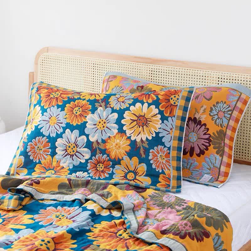 Couette rustique et respirante en gaze de coton avec motif tournesol