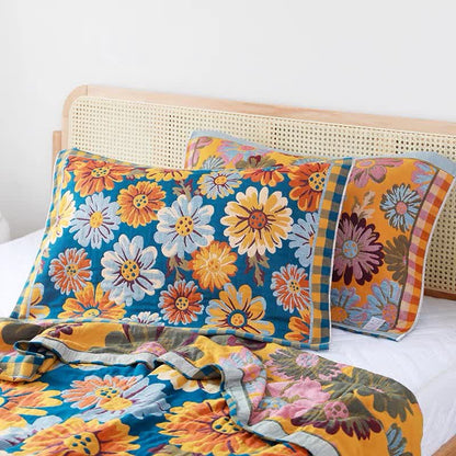 Couette rustique et respirante en gaze de coton avec motif tournesol