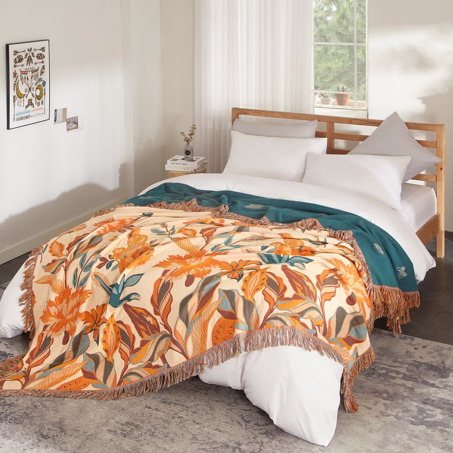 Couette en pur coton avec motif floral et pompons