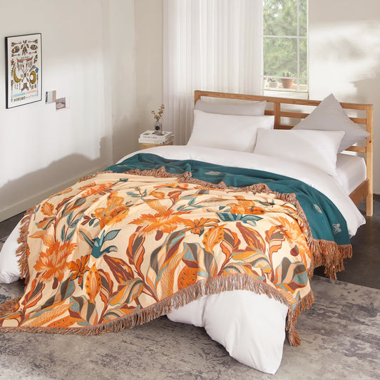Couette en pur coton avec motif floral et pompons
