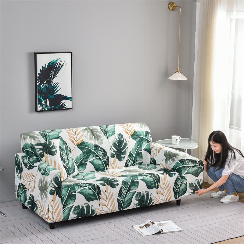 Housse de canapé élastique et extensible avec motif feuille de bananier