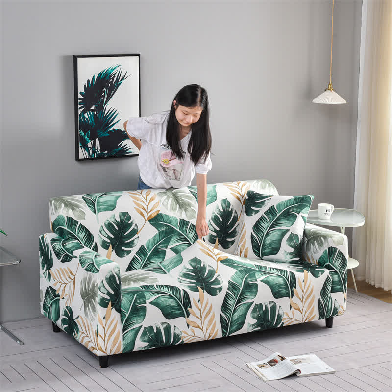 Housse de canapé élastique et extensible avec motif feuille de bananier