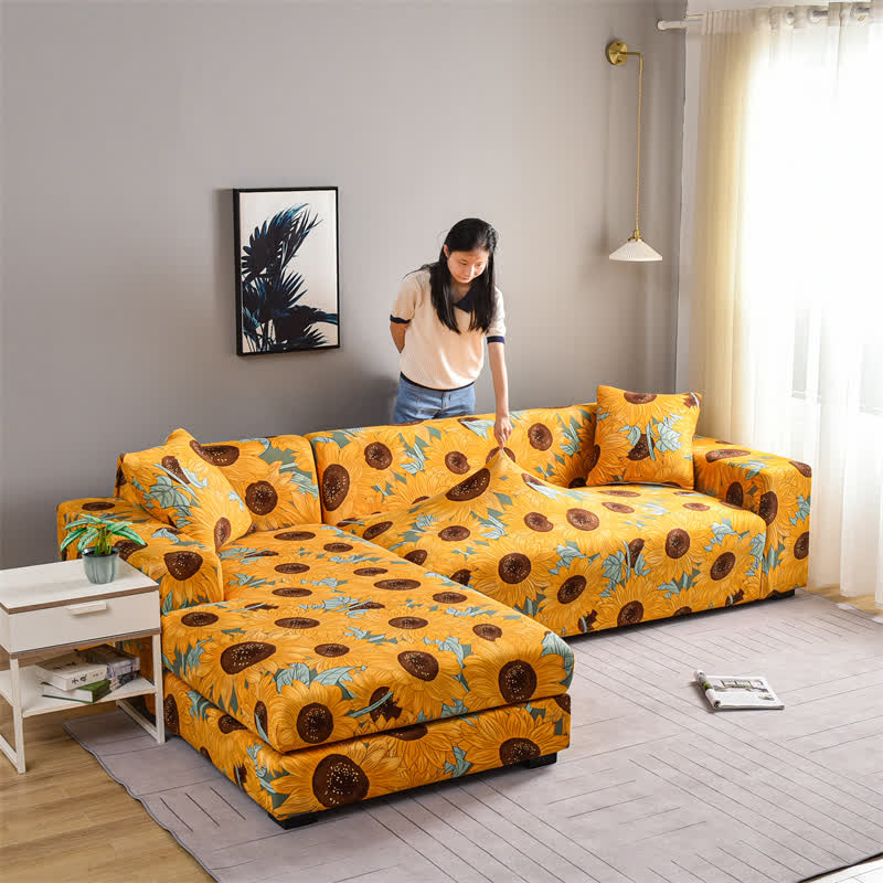 Housse de canapé élastique et extensible avec motif tournesol