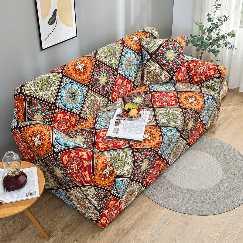 Housse de canapé élastique avec des fleurs de mandala rétro