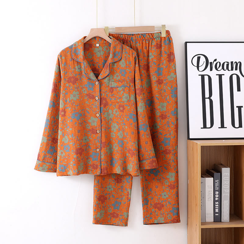 Ensemble pyjama en gaze de coton à motif floral rétro