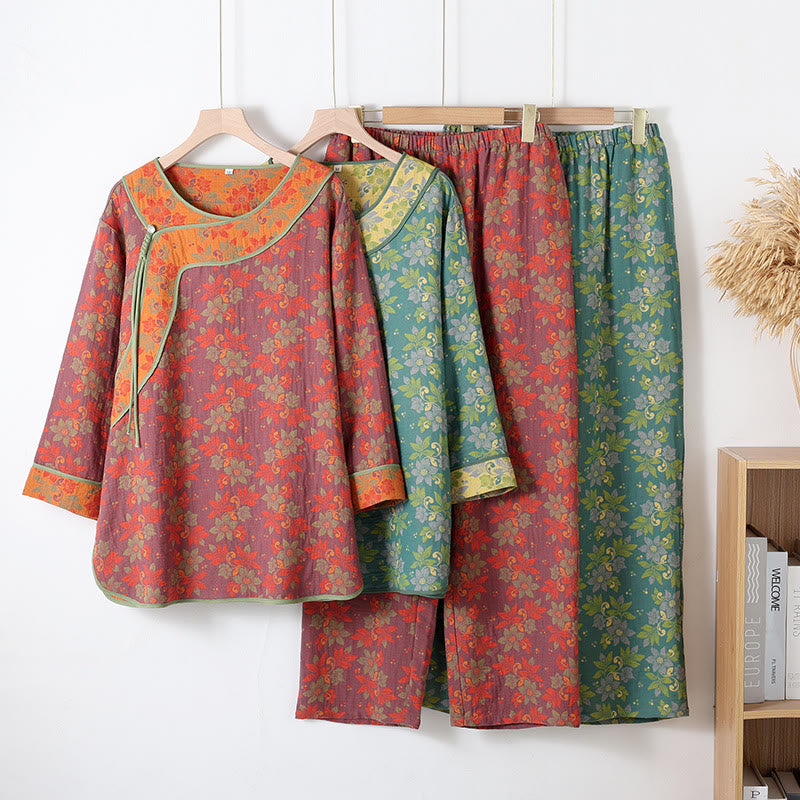 Ensemble pyjama en gaze de coton à motif floral et fermeture grenouille - image 0