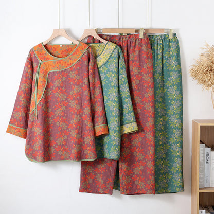Ensemble pyjama en gaze de coton à motif floral et fermeture grenouille - image 0