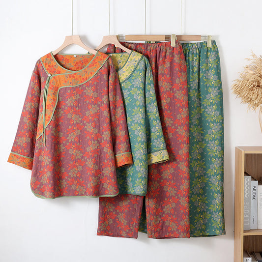 Ensemble pyjama en gaze de coton à motif floral et fermeture grenouille - image 0