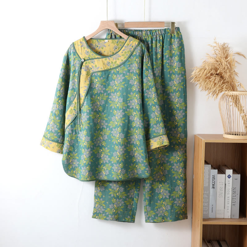 Ensemble pyjama en gaze de coton à motif floral et fermeture grenouille - Vert - XL - image 8
