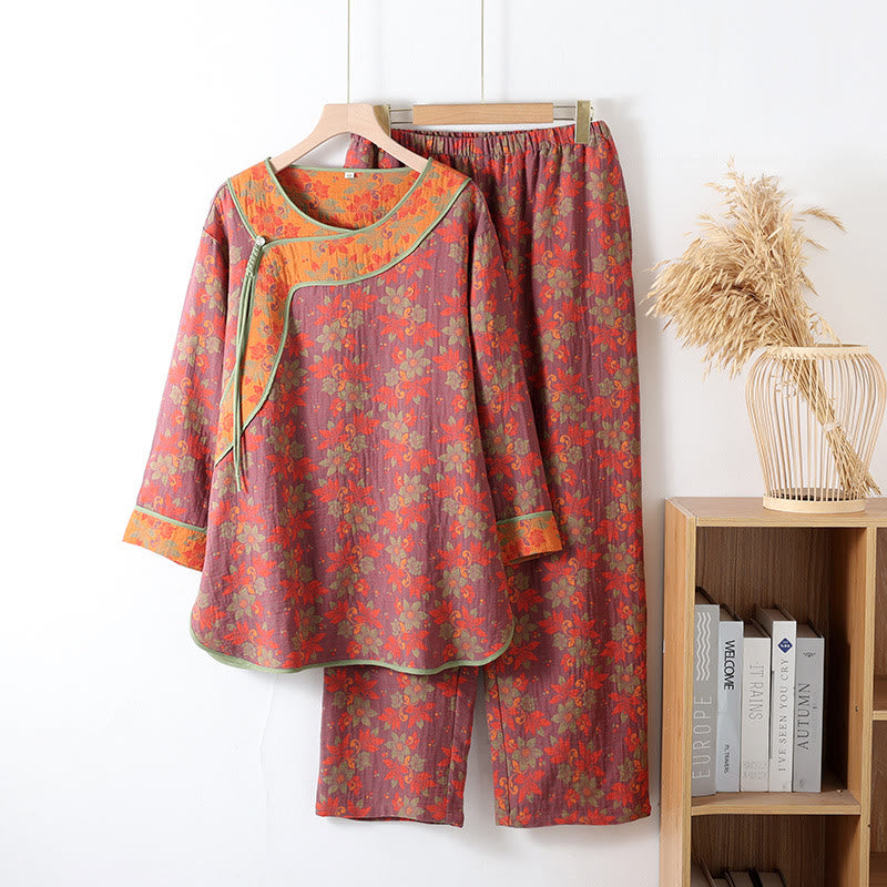 Ensemble pyjama en gaze de coton à motif floral et fermeture grenouille - violet foncé - XL - image 1