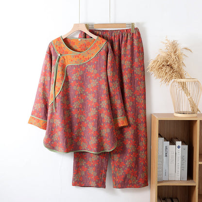 Ensemble pyjama en gaze de coton à motif floral et fermeture grenouille - violet foncé - XL - image 1