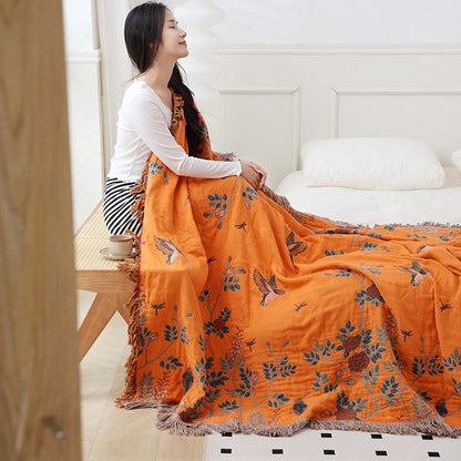 Couette réversible en gaze de coton avec oiseaux et fleurs
