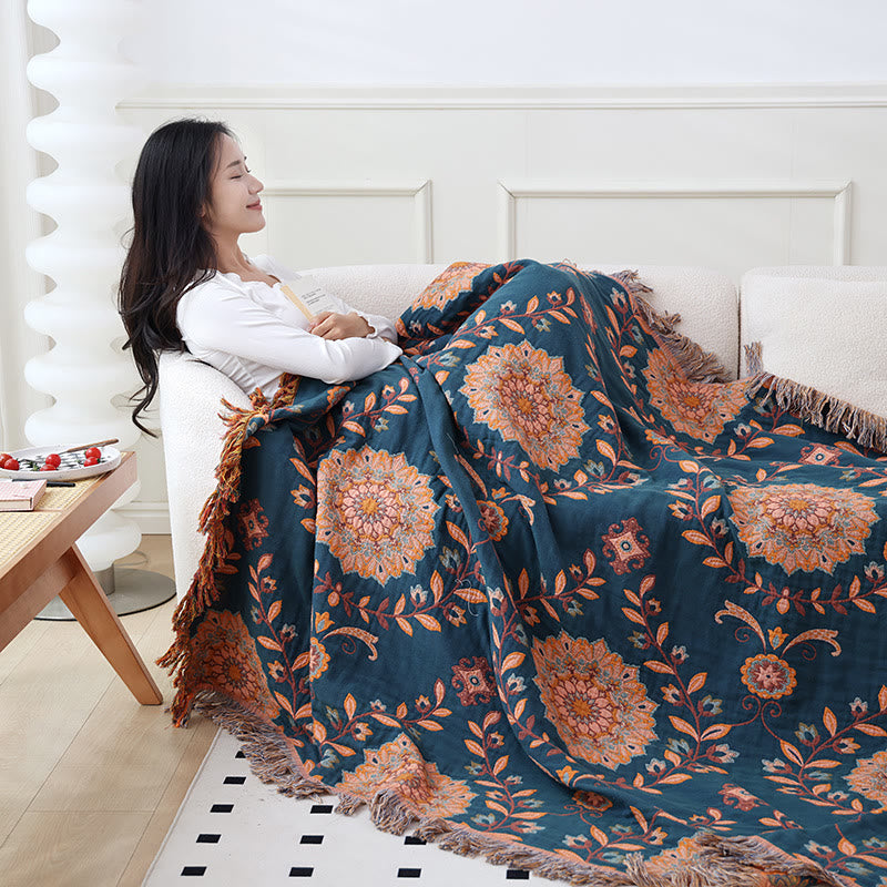 Couette réversible à motif floral et pompons en gaze de coton