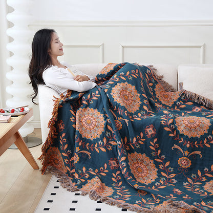 Couette réversible à motif floral et pompons en gaze de coton