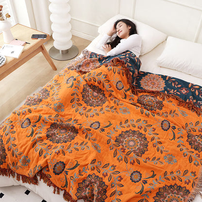 Couette réversible à motif floral et pompons en gaze de coton