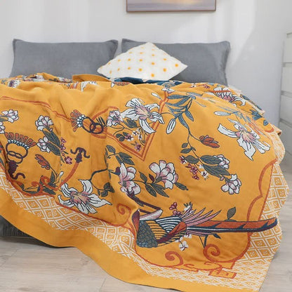 Couette en gaze de coton à cinq couches avec imprimé floral et oiseau