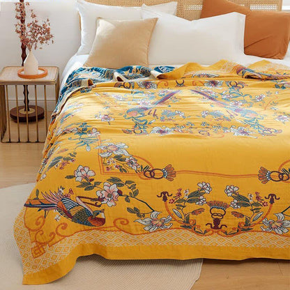 Couette en gaze de coton à cinq couches avec imprimé floral et oiseau