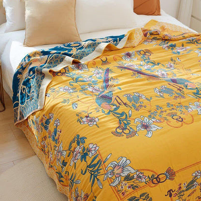 Couette en gaze de coton à cinq couches avec imprimé floral et oiseau