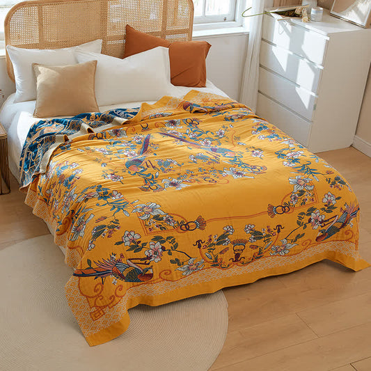 Couette en gaze de coton à cinq couches avec imprimé floral et oiseau